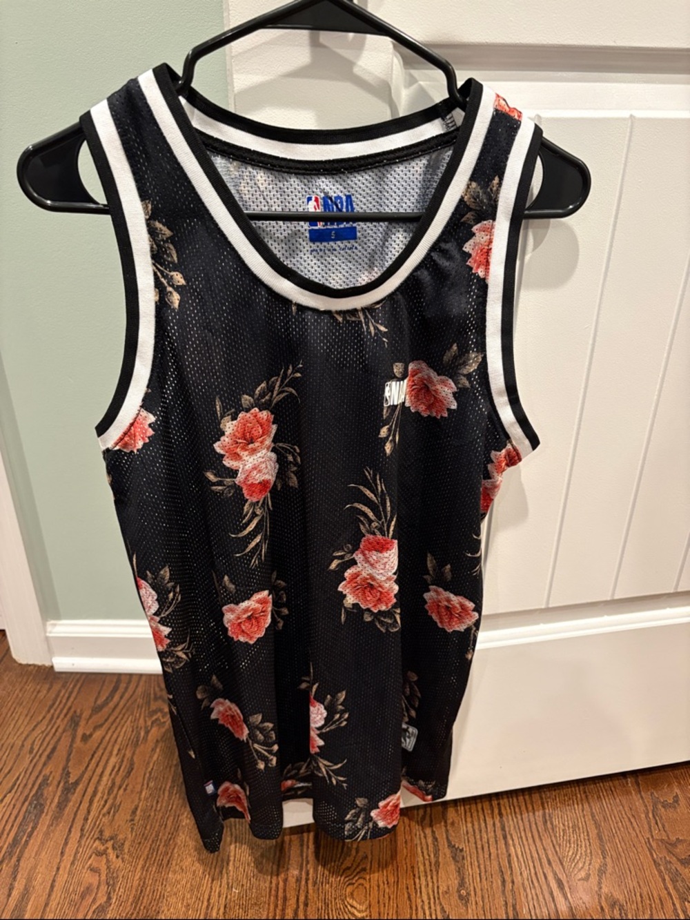NBA Black Floral Mesh Tank Top with Coral Roses